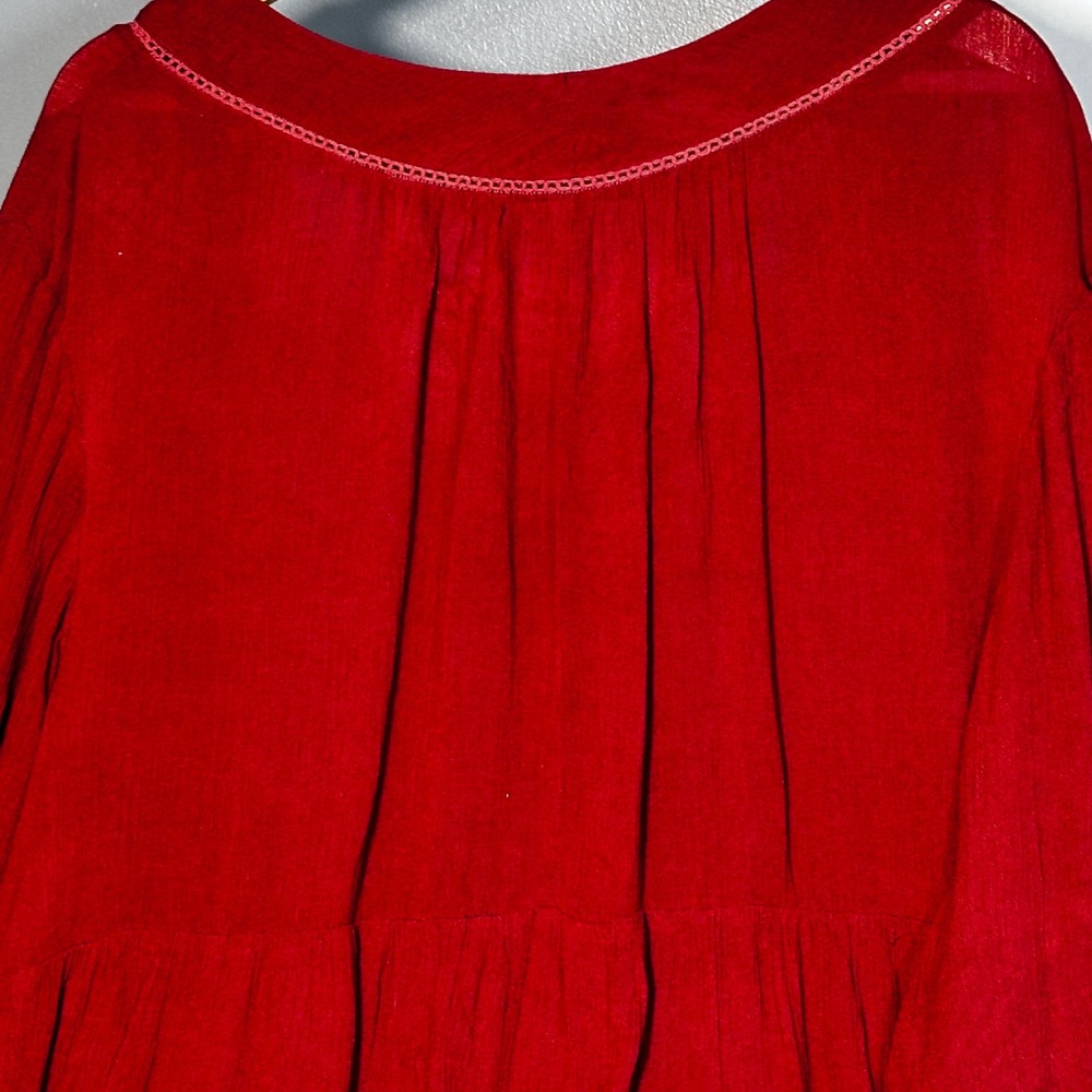 Westport Women's 1X Red Boho Red Peasant Blouse Tie Neck Ruffle Sleeve Comfort - Picture 9 of 16